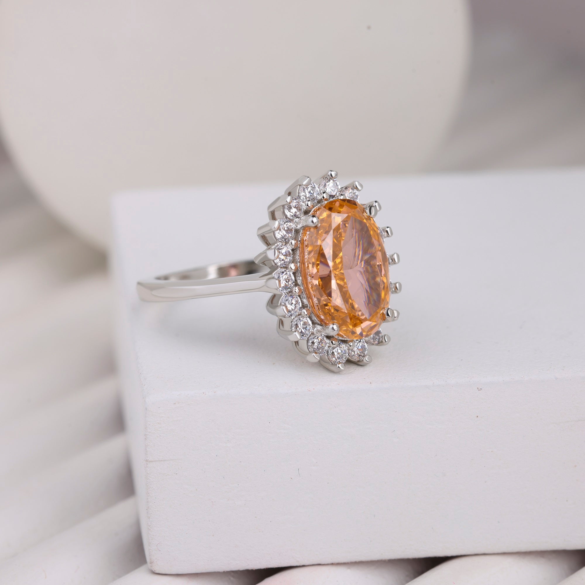 Premium Peach Oval Morganite Halo Set 925 Silver Ring For Every Occasion
