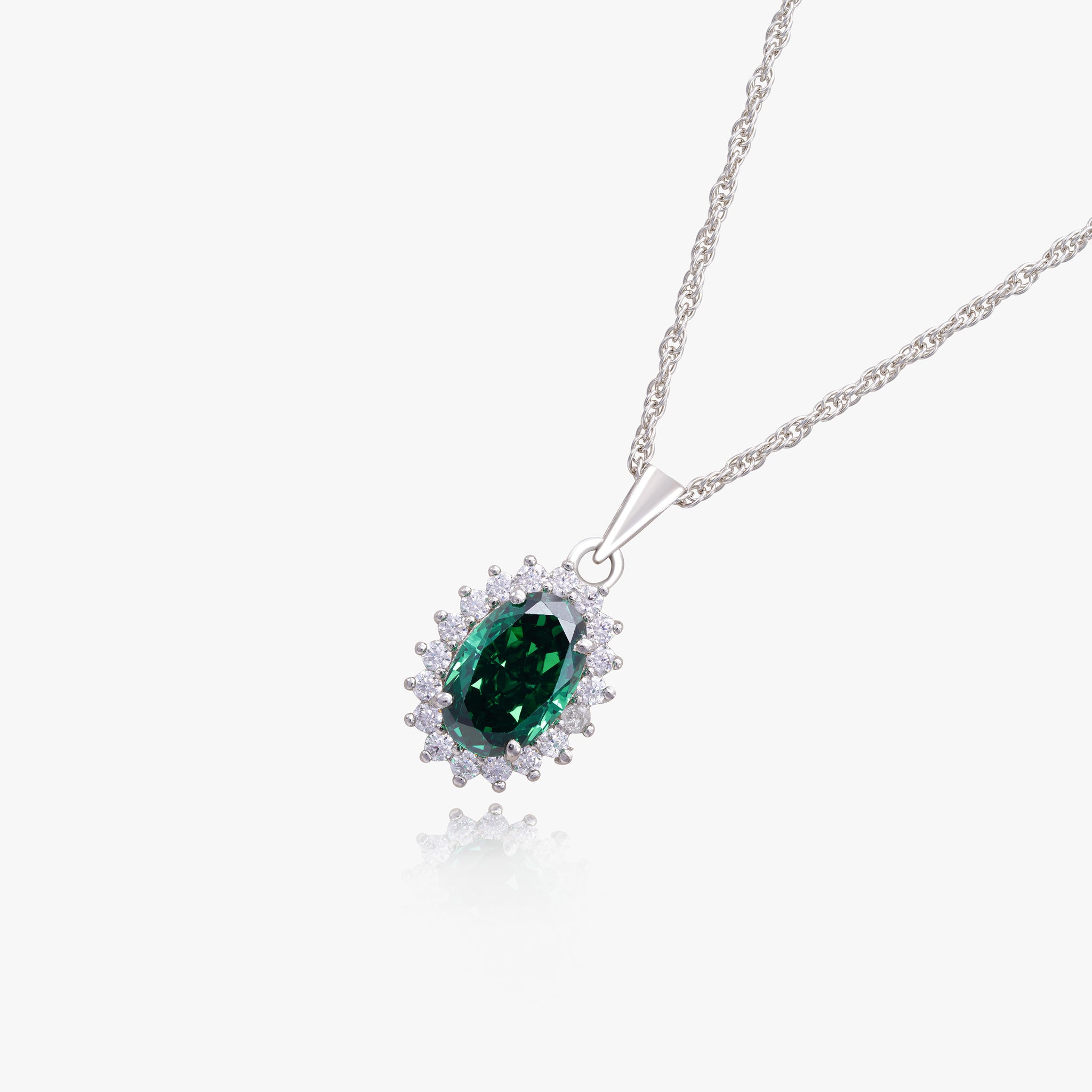 Firing Ice Crushed Royal Green Emerald Oval Shape Halo 925 Sterling Silver Necklace