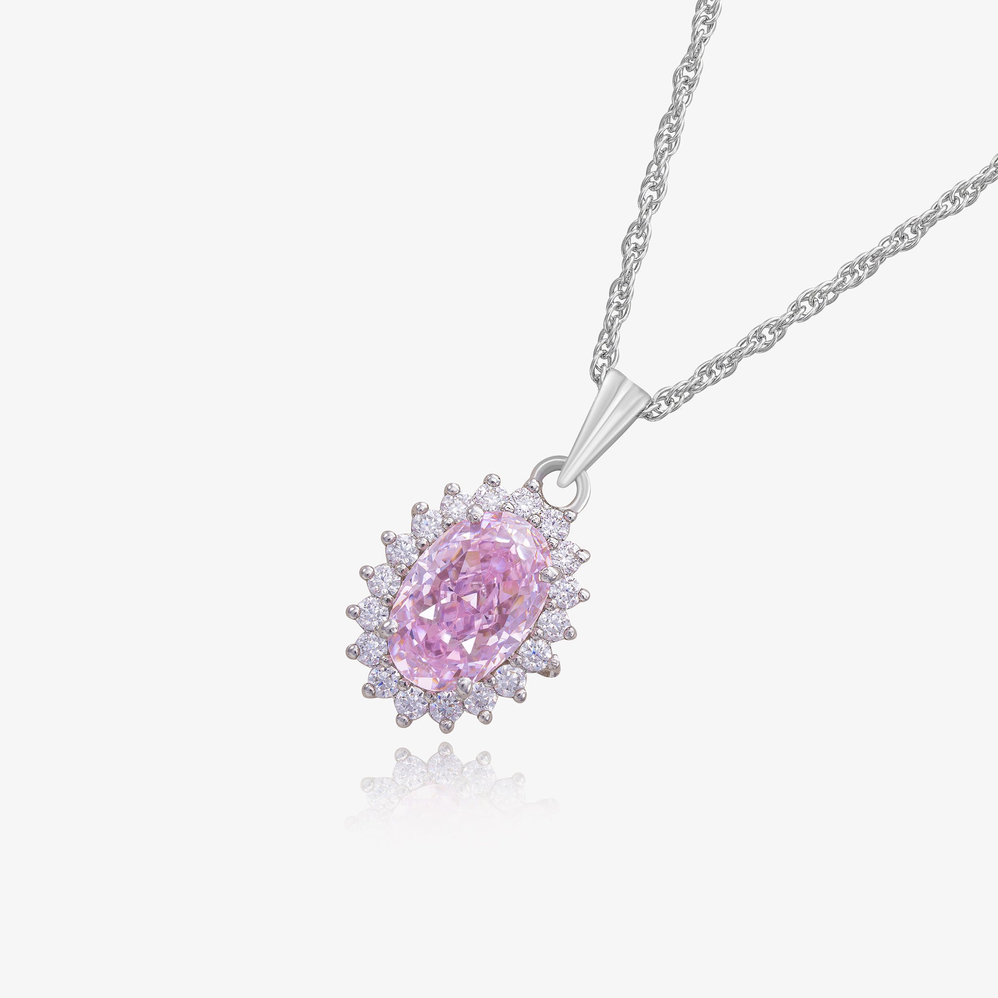 Halo Set Oval Pink Sapphire Premium Natural Gemstone Pendant With Rope Chain In 925 Sterling Silver