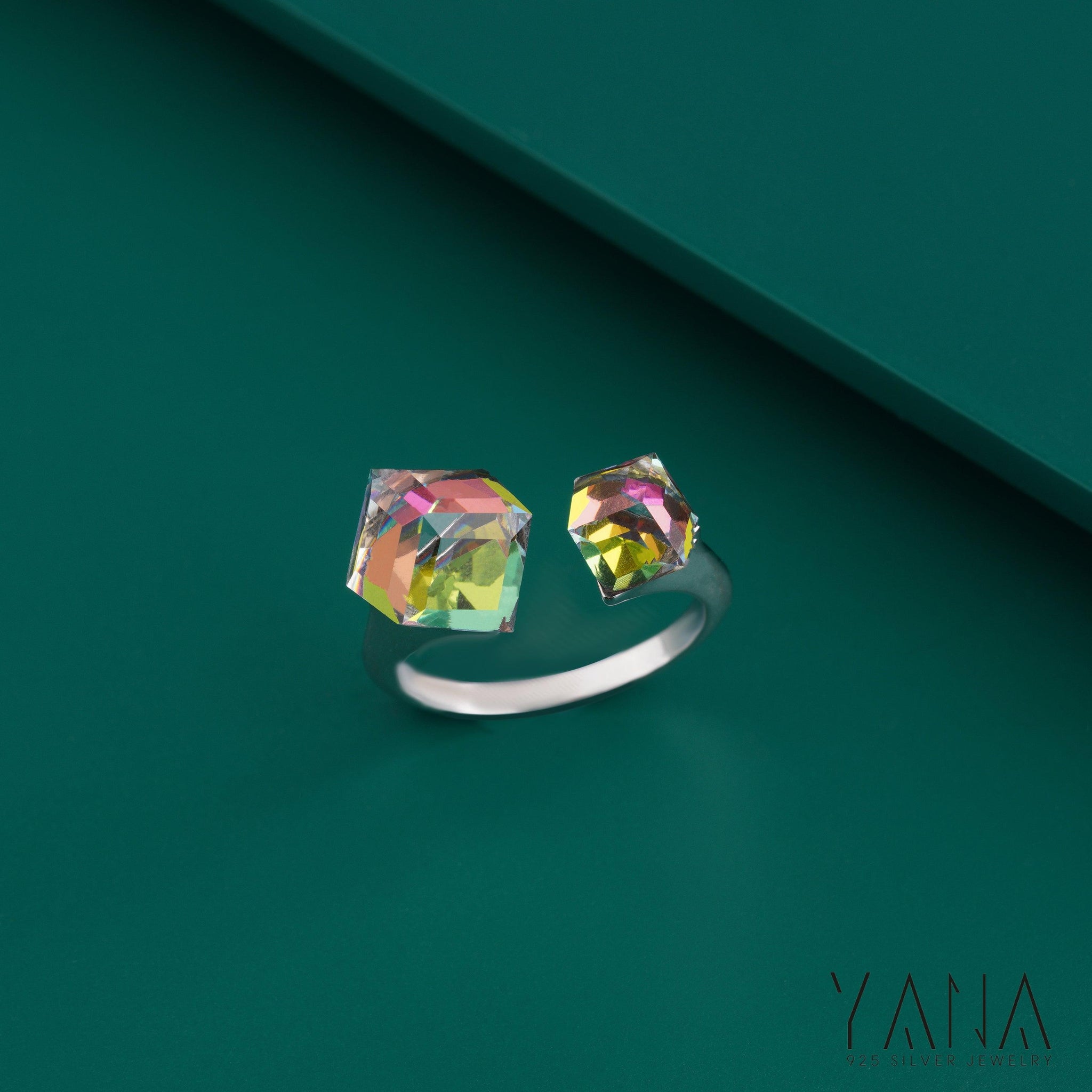 Rainbow Crystal Square Chameleon Cube Prism Adjustable Ring For Women In 925 Silver - YANA SILVER