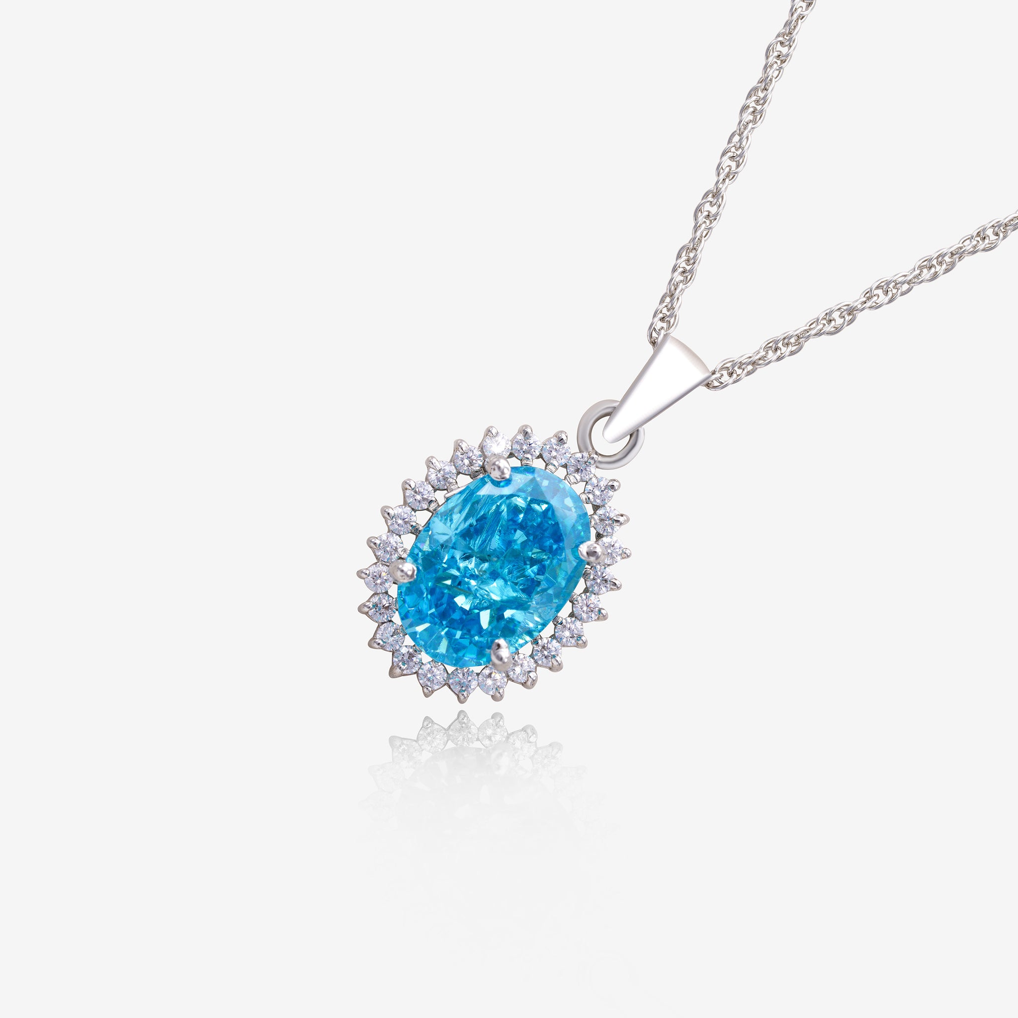 Big Aqua Blue Oval Shape Halo Pendant With Rope Chain In 925 Sterling Silver