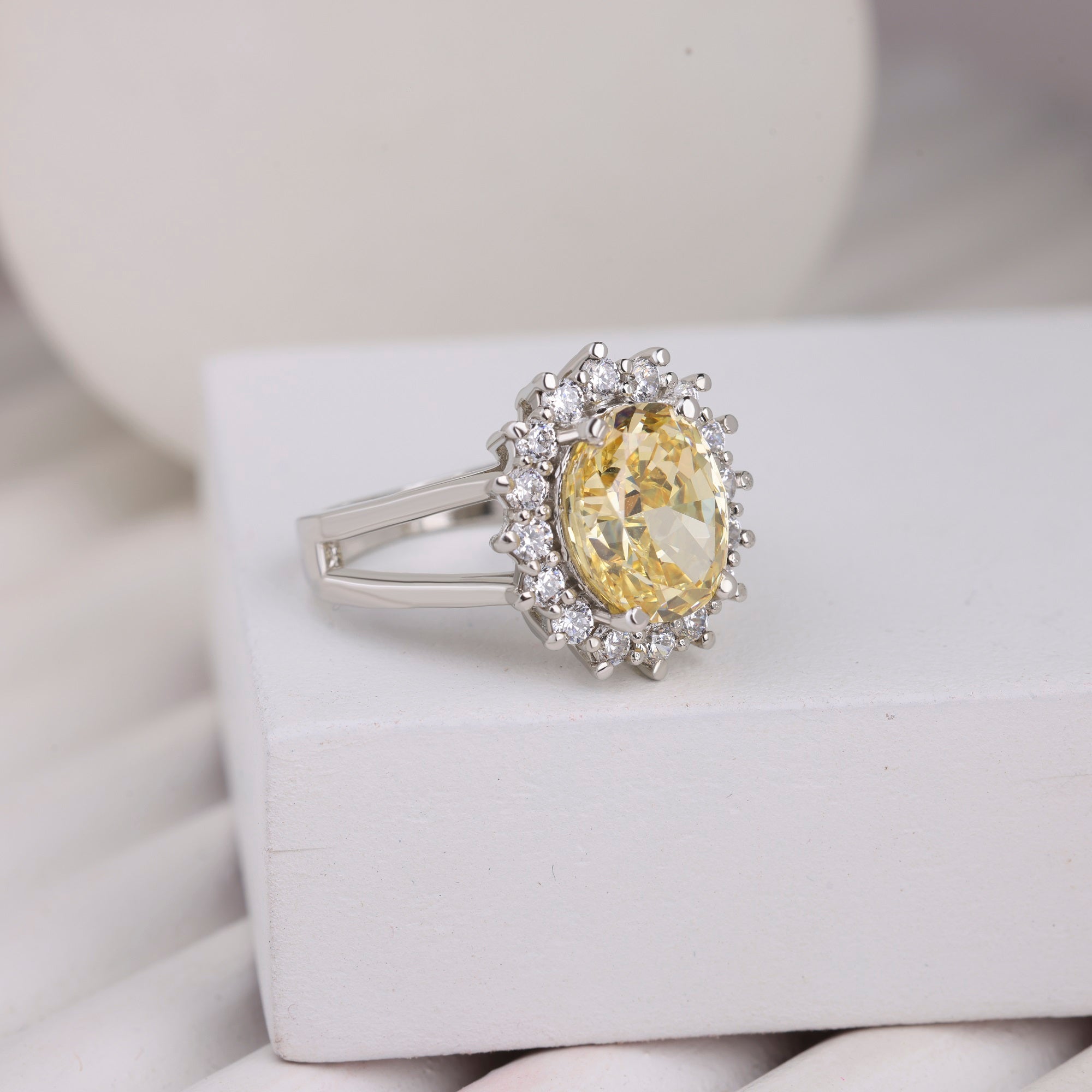 Double Band Yellow Citrine Cubic Zirconia Diamond Silver Ring