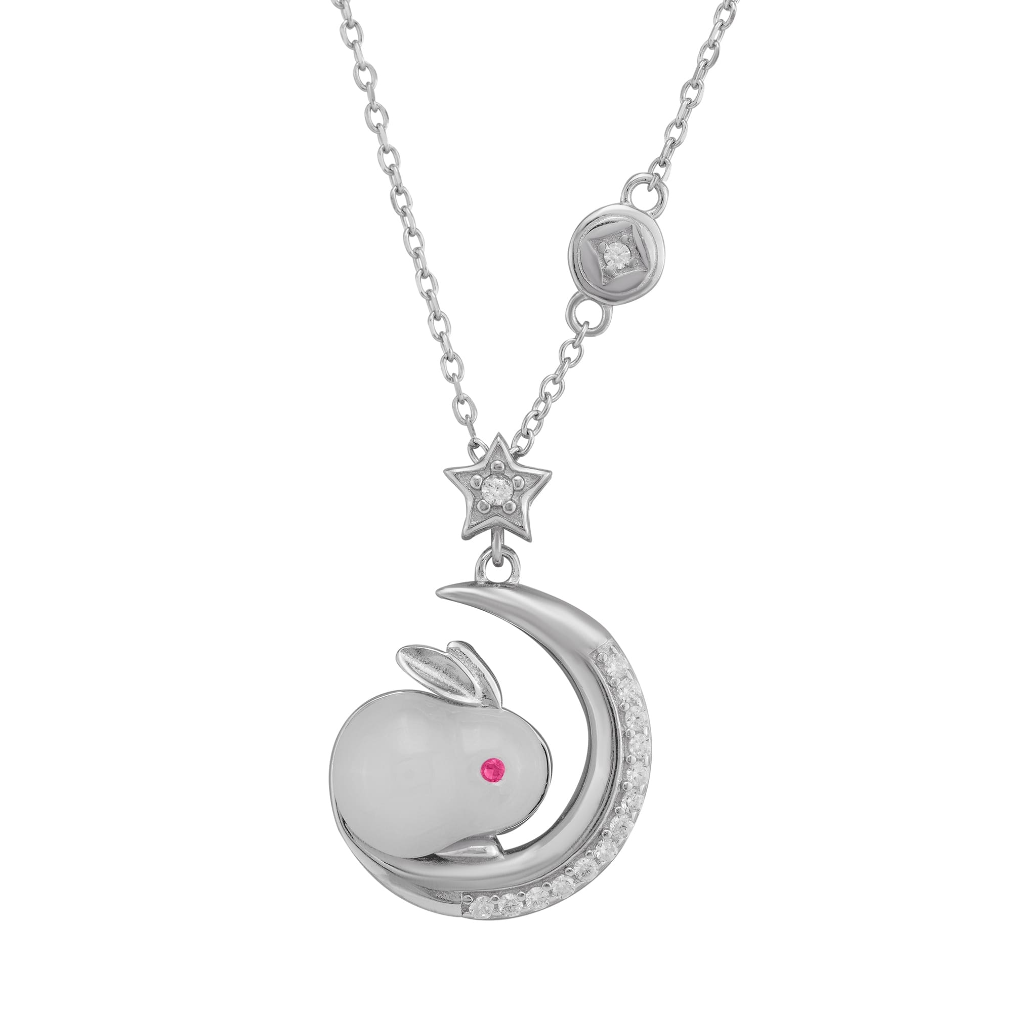 Jade Rabbit Setting On The Moon Silver Pendant Chain Made With CZ Diamond