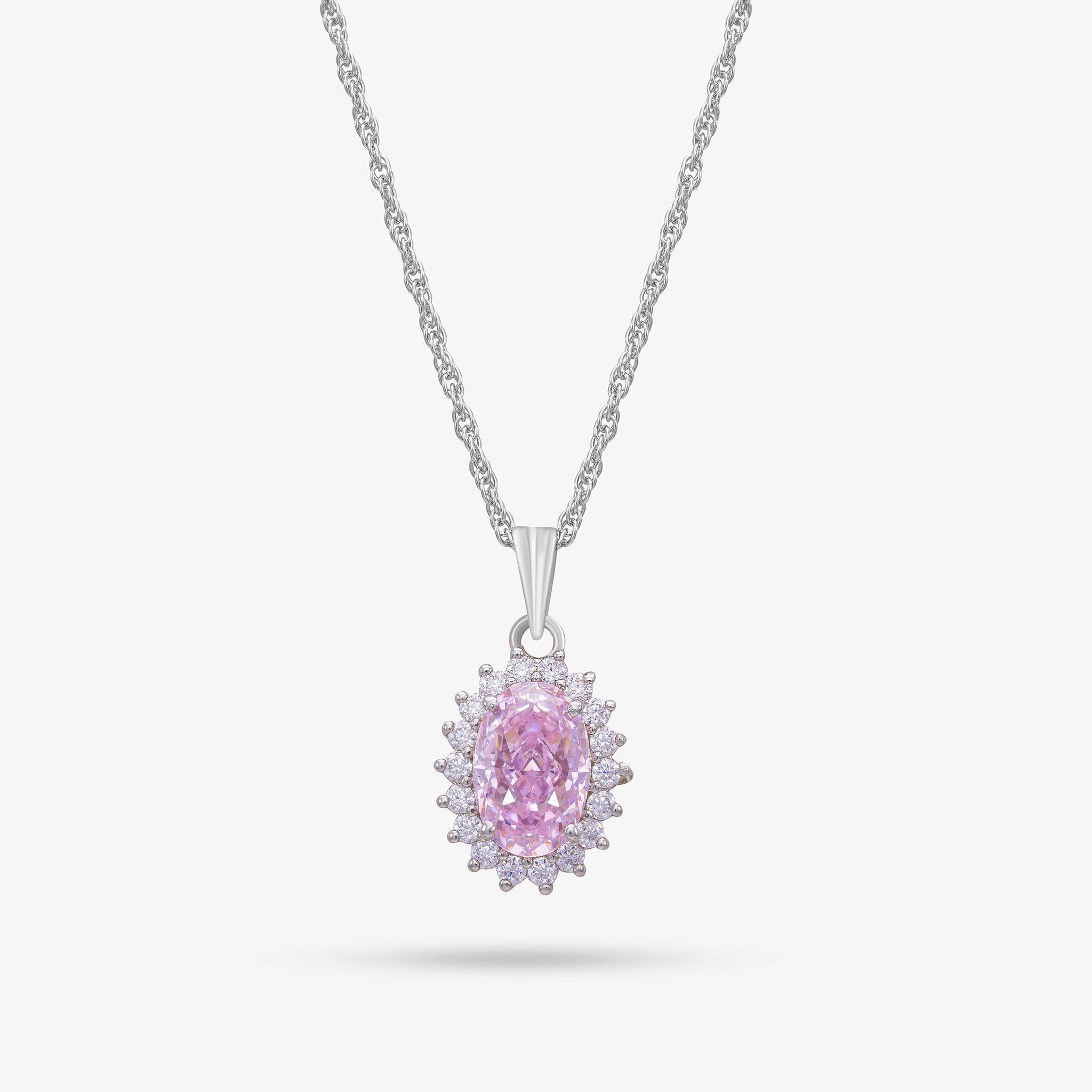 Halo Set Oval Pink Sapphire Premium Natural Gemstone Pendant With Rope Chain In 925 Sterling Silver