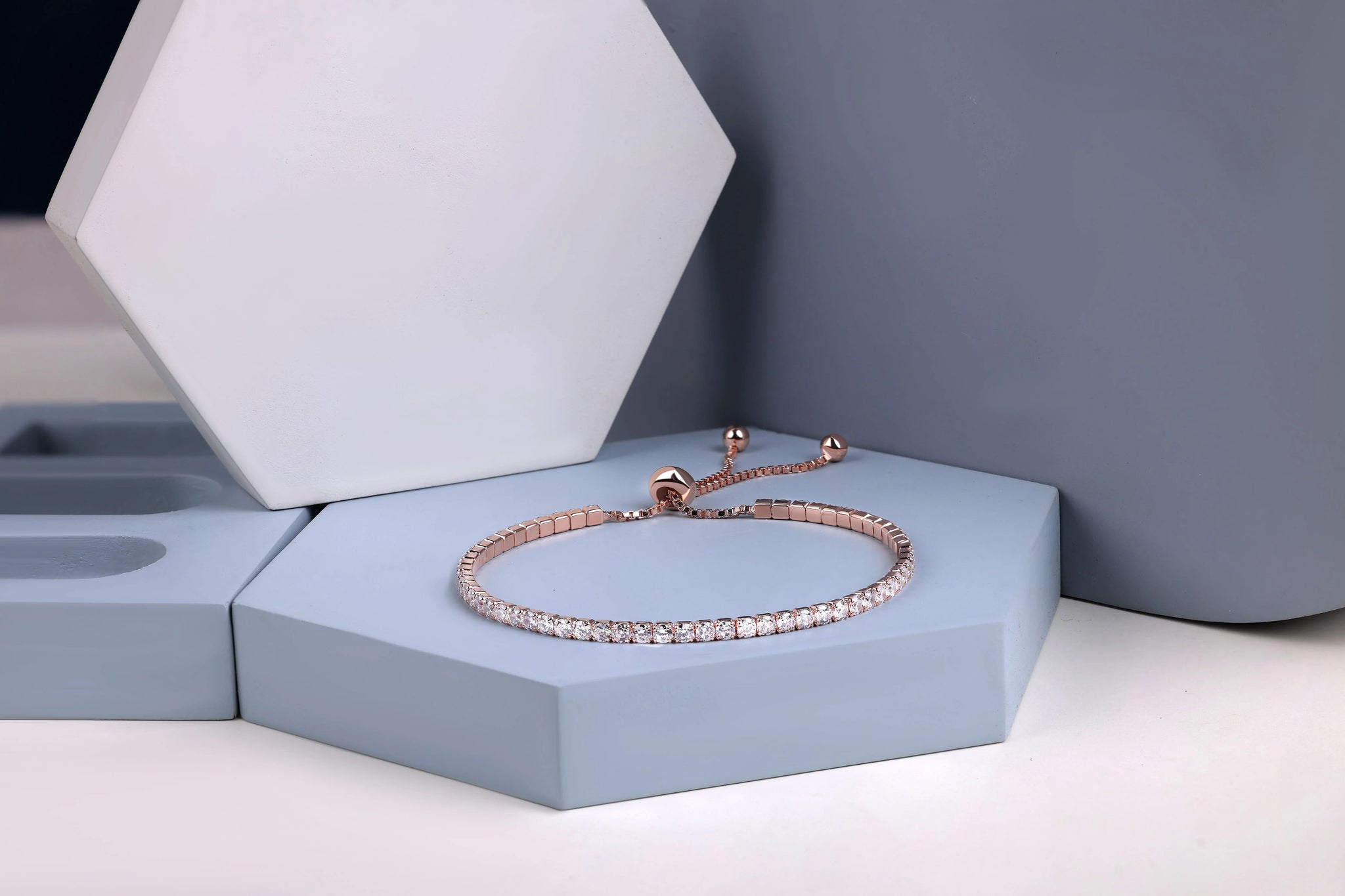 Glendy Rose Gold Plated Tennis Silver Bracelet With Adjustable Chain