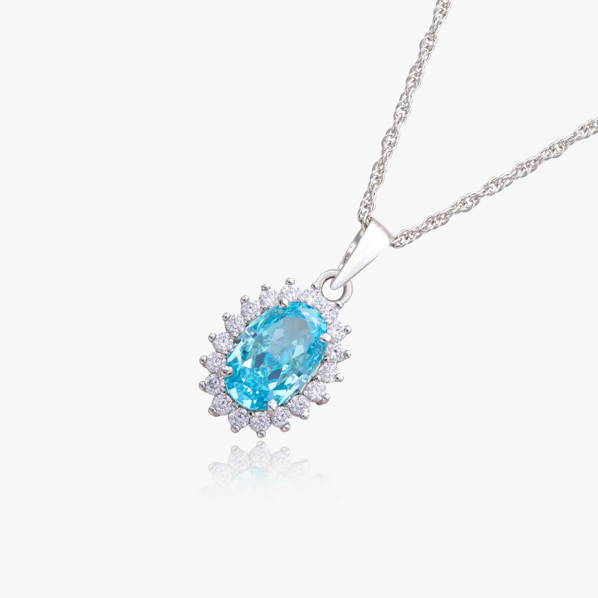 Aquamarine Blue Oval Topaz Premium Natural Gemstone Pendant Chain In 925 Sterling Silver