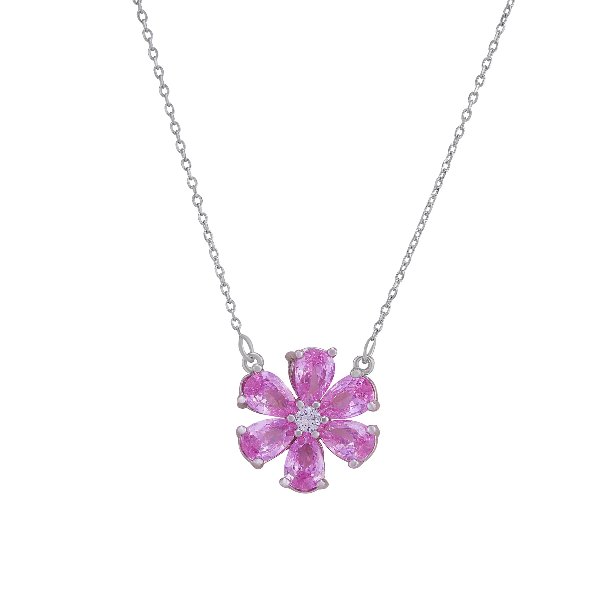 Pink Swarovski Diamond Pure Silver Chain Flower Necklace