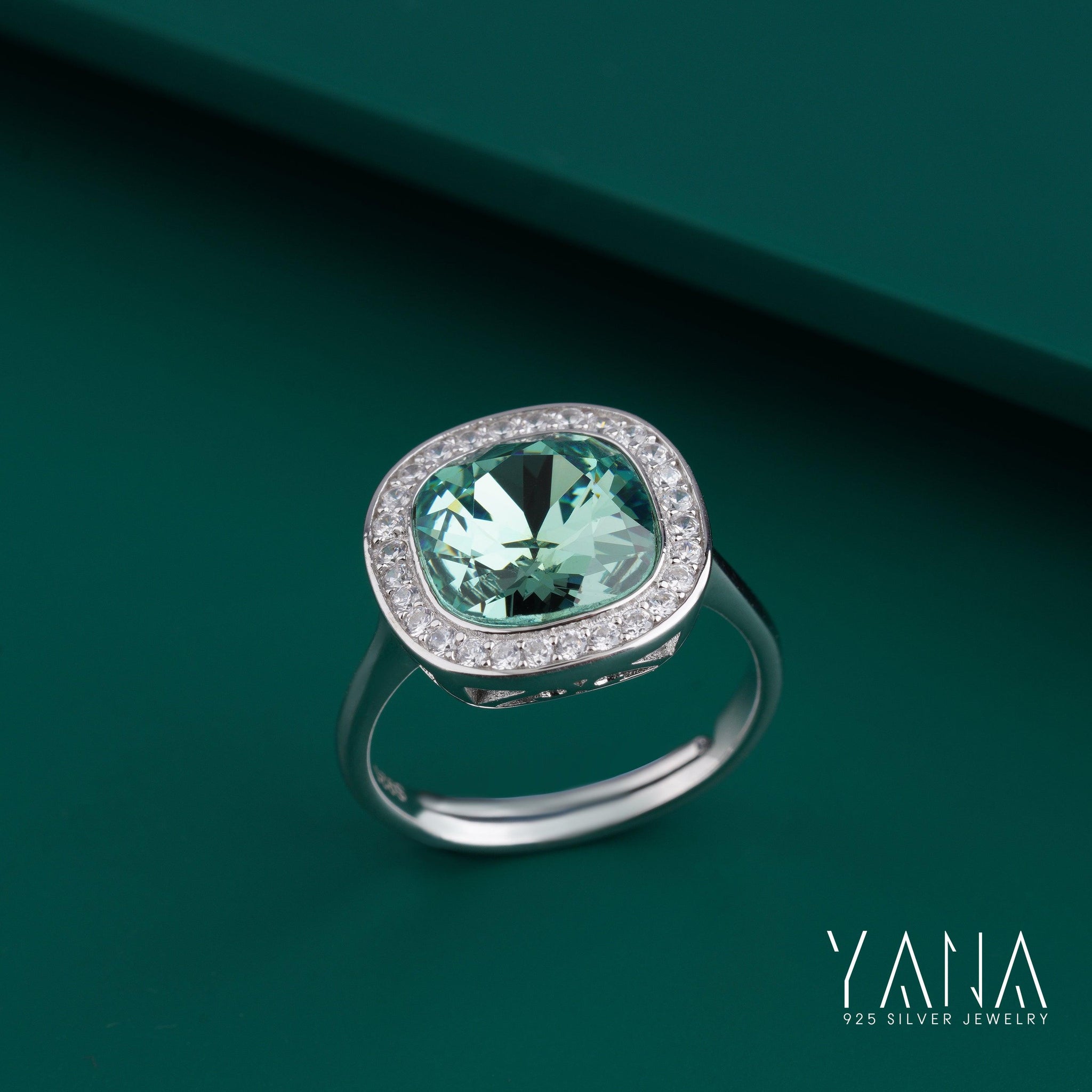 Dazzling Vivid Green Tourmaline Halo Setting Engagement Ring Gift For Her In 925 Silver - YANA SILVER