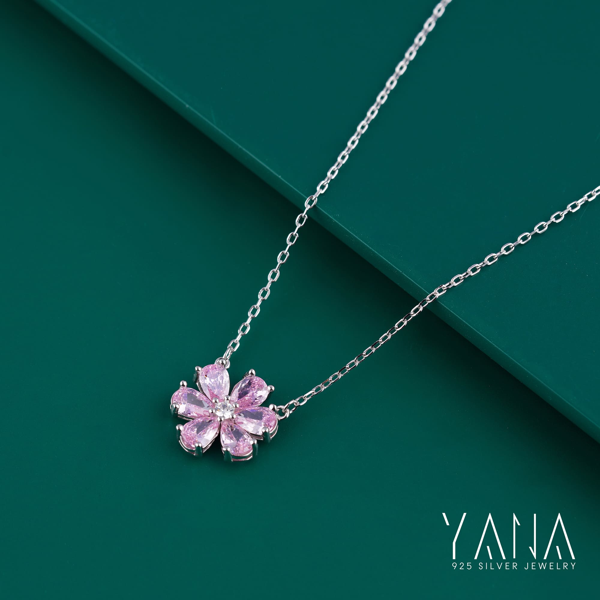 Pink Swarovski Diamond Pure Silver Chain Flower Necklace