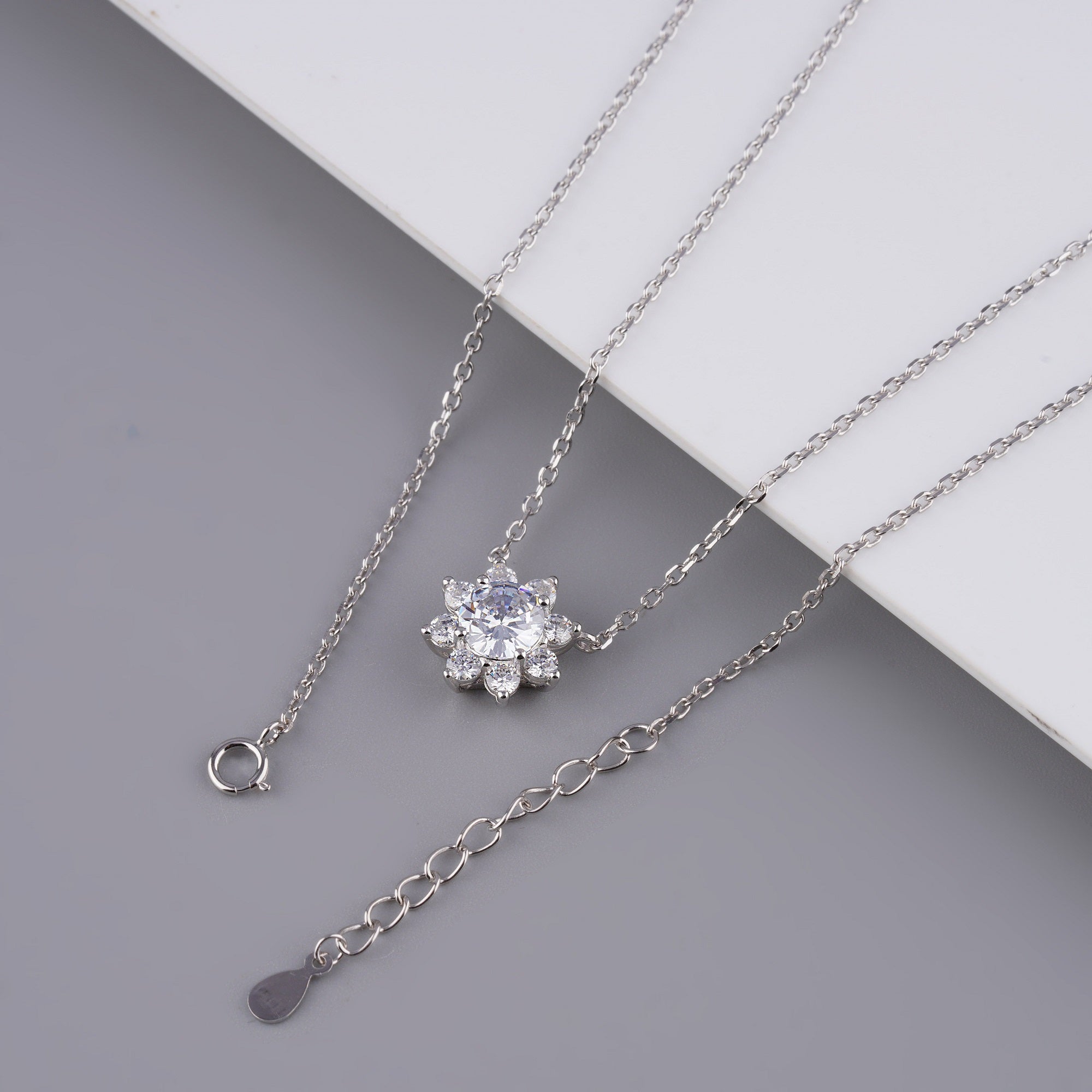 Halo Set Solitaire Silver Pendant With Adjustable Chain For Women