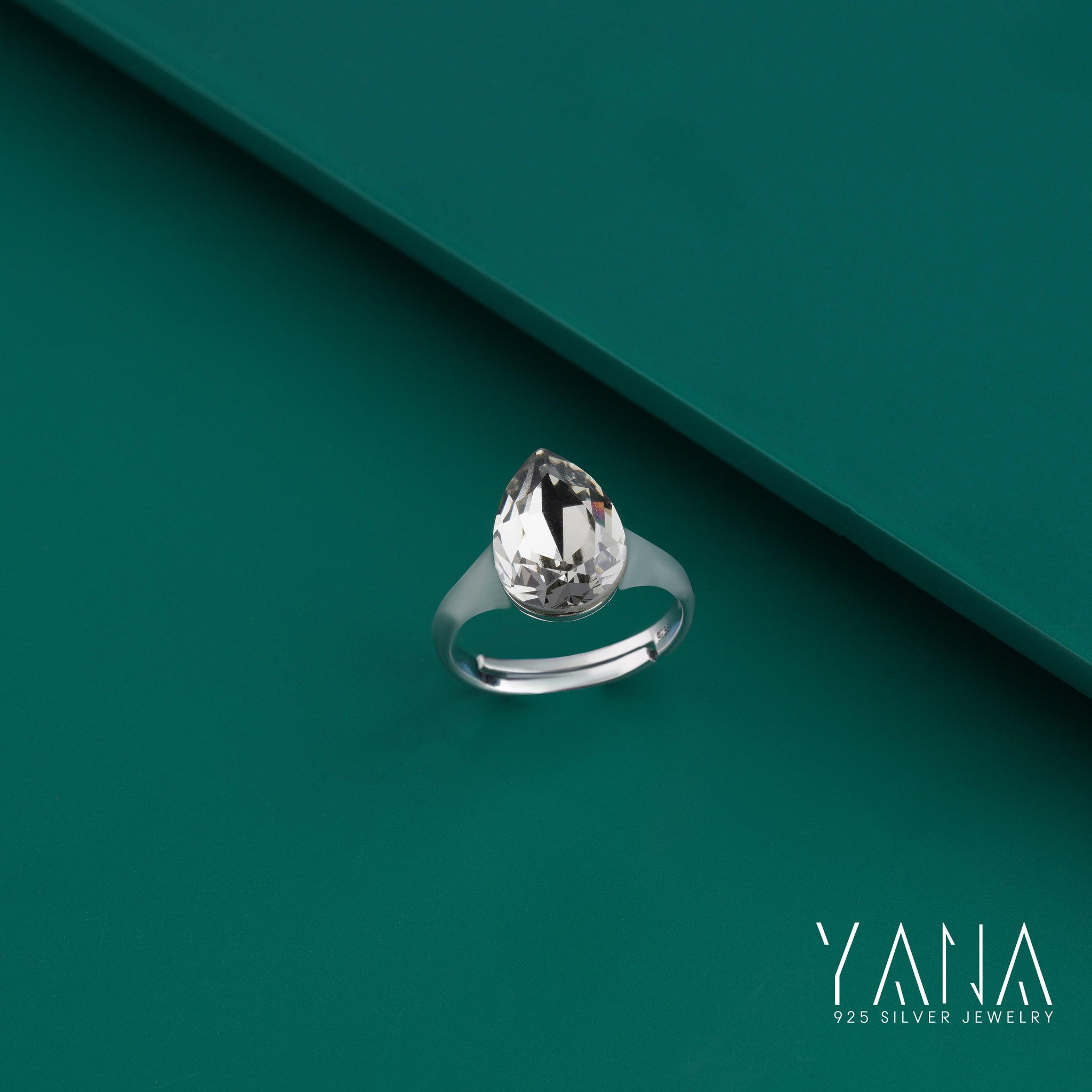 Stunning Swarovski Pear Shaped Crystal Adjustable Ring In 925 Silver - YANA SILVER